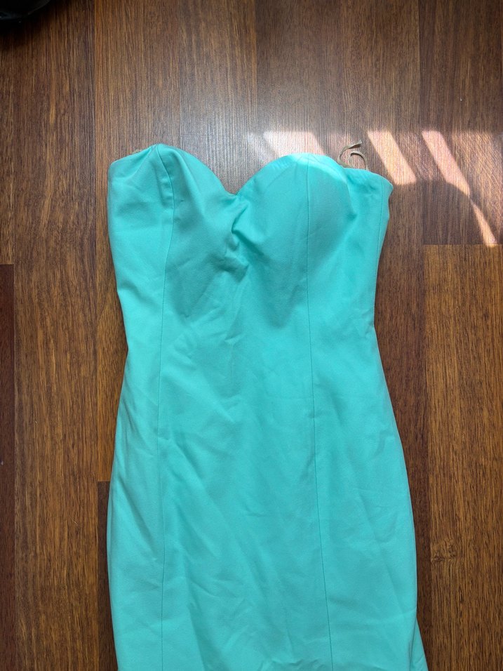 Uzun Turkuaz Straplez Drapeli Kadın Elbisesi - Görsel 3