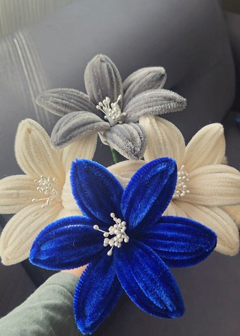 Koyu Mavi krem Kadife Çiçekli Dekoratif Buket - Görsel 2