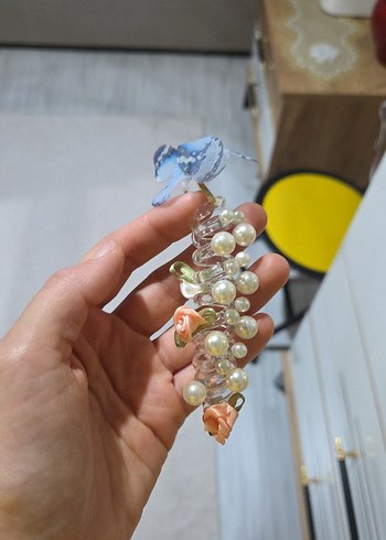 Mavi Çiçekli Boncuklu Kadın saç toplama tokası - Görsel 4