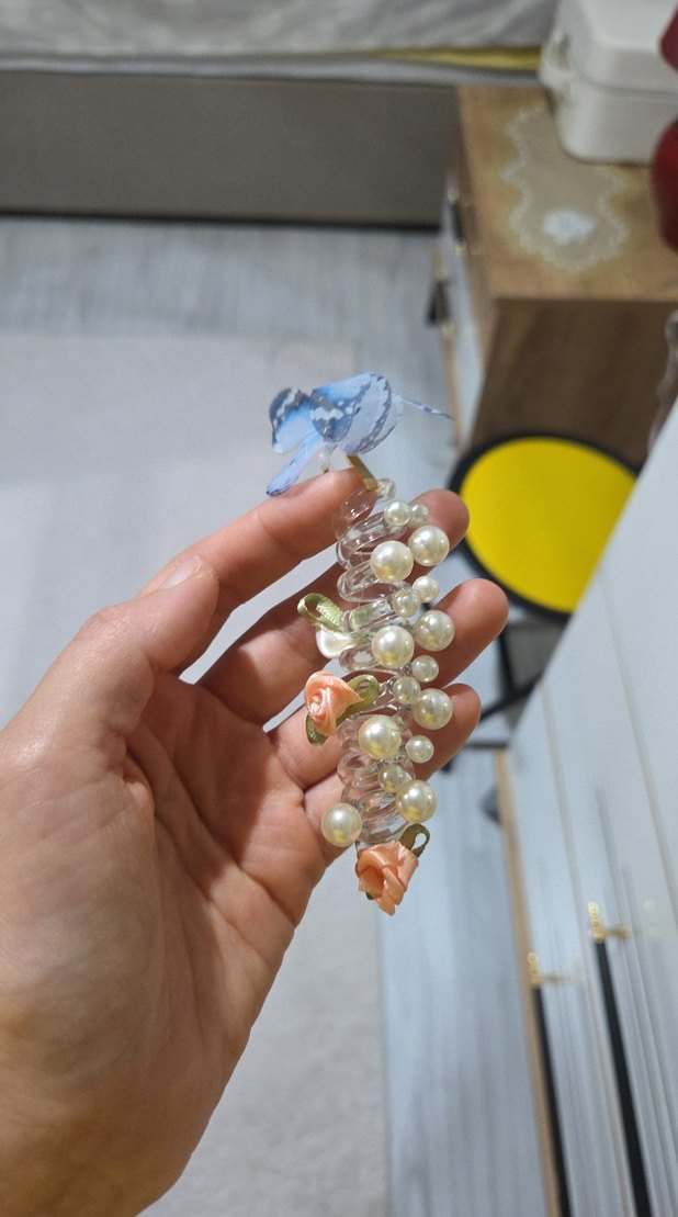 Mavi Çiçekli Boncuklu Kadın saç toplama tokası - Görsel 4