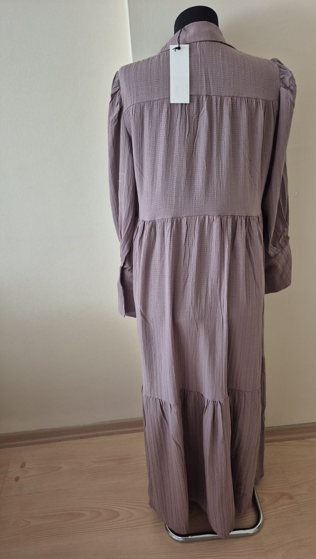 Bej Pilili Uzun Keten Elbise s, m, l bedenler mevcut - Görsel 3