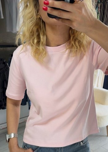Pembe Kısa Kollu Salaş Kadın Tişört