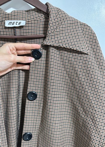 Bej Düğmeli Uzun Kadın Keten Kaban - Görsel 2