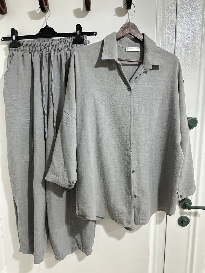 Gri Bol Kesim Keten Kadın takım - Görsel 2