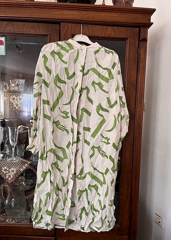 Yeşil Batik Desenli Uzun Keten Tunik