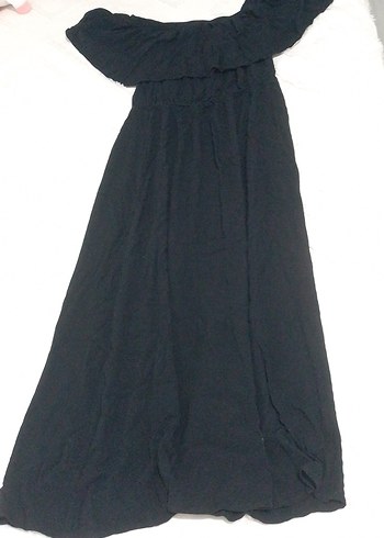 Kadın Siyah Keten Uzun Askısız Elbise - Görsel 2