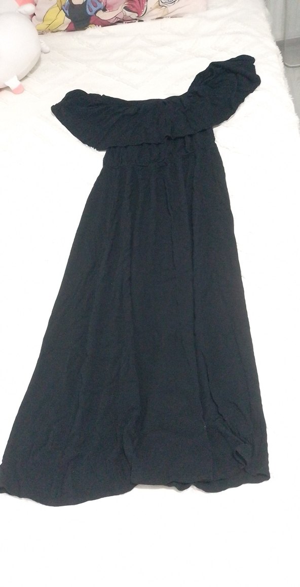 Kadın Siyah Keten Uzun Askısız Elbise - Görsel 2