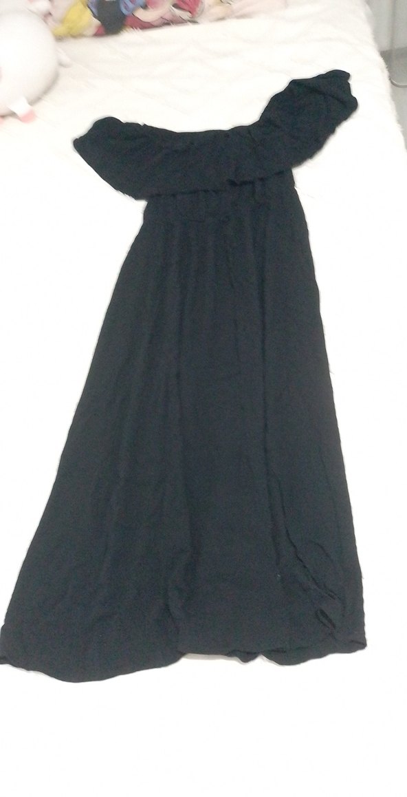 Kadın Siyah Keten Uzun Askısız Elbise - Görsel 3