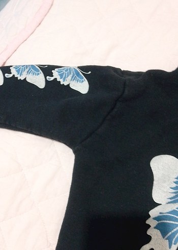 Kız Çocuk Koyu Mavi Kelebek Baskılı Kapüşonlu Sweatshirt - Görsel 3