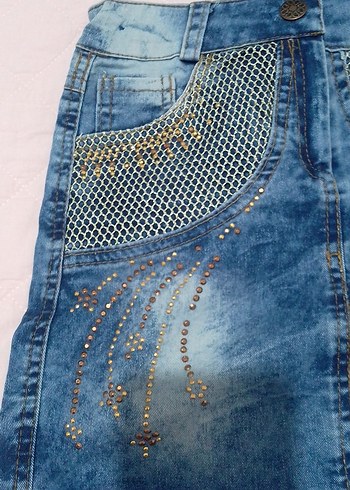 Kız Çocuk Mavi Payetli Nakışlı Denim Etek - Görsel 2