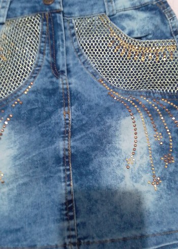 Kız Çocuk Mavi Payetli Nakışlı Denim Etek - Görsel 3