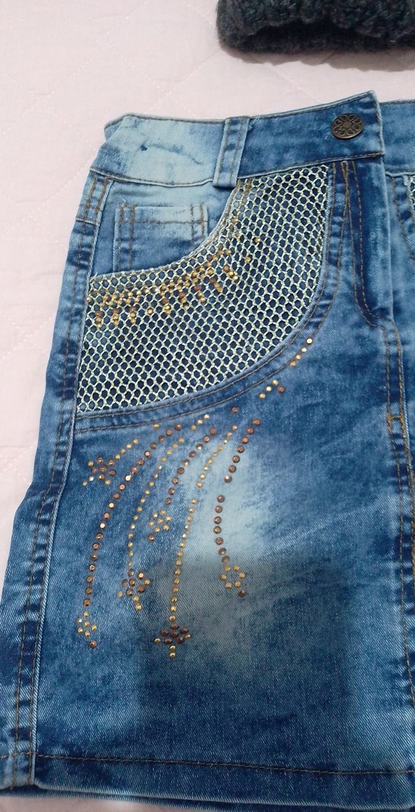 Kız Çocuk Mavi Payetli Nakışlı Denim Etek - Görsel 2