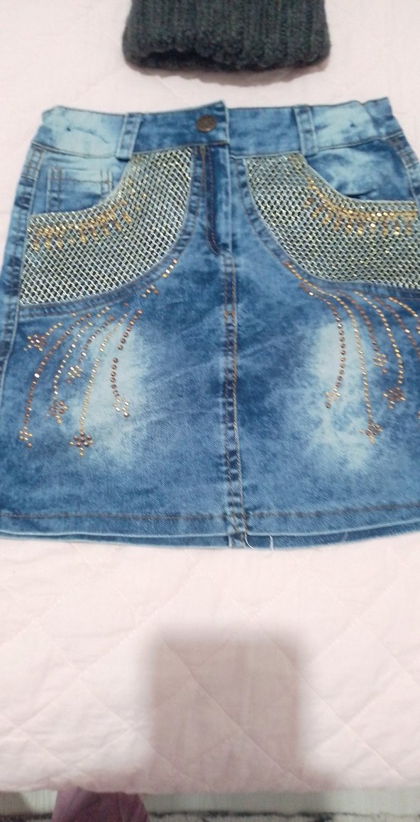 Kız Çocuk Mavi Payetli Nakışlı Denim Etek - Görsel 4