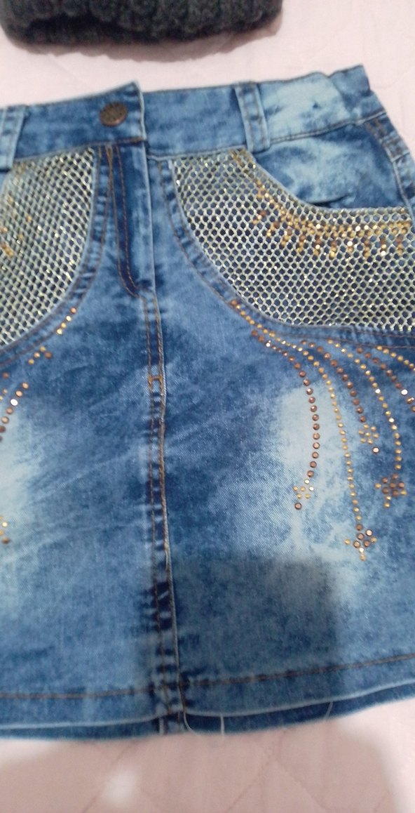 Kız Çocuk Mavi Payetli Nakışlı Denim Etek - Görsel 3