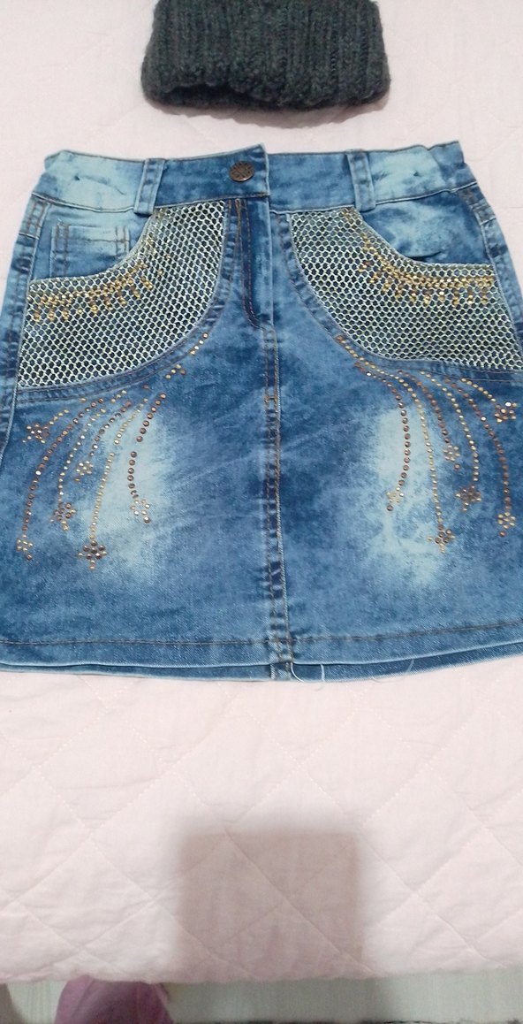 Kız Çocuk Mavi Payetli Nakışlı Denim Etek - Görsel 5
