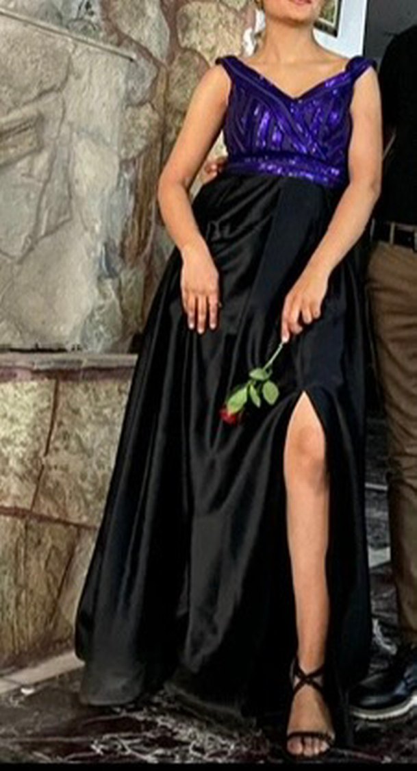 Mor Siyah  Drapeli Uzun V Yaka saten Abiye Elbise - Görsel 2