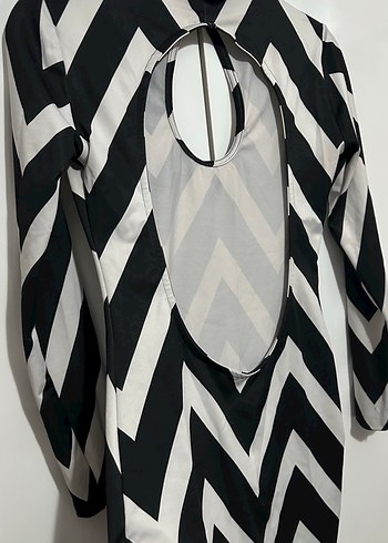 Uzun Kollu Siyah Beyaz Zebra Desenli Mini Elbise - Görsel 6
