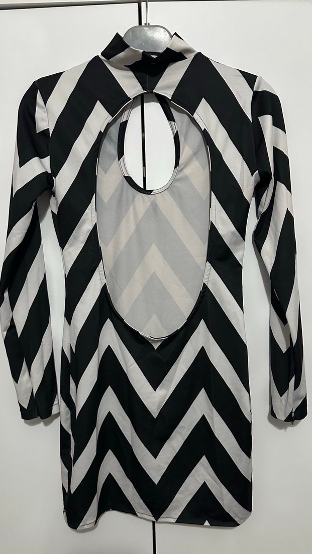 Uzun Kollu Siyah Beyaz Zebra Desenli Mini Elbise - Görsel 3