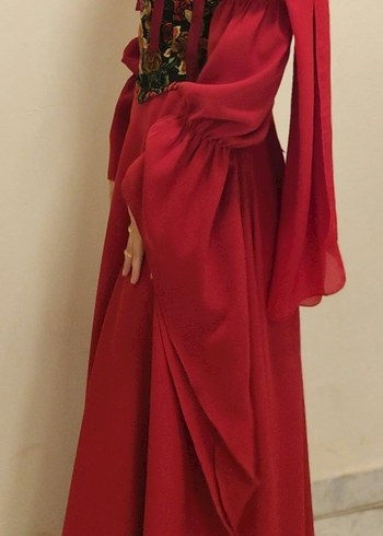 Kırmızı Uzun Kollu Straplez Bohem Kadın Elbisesi - Görsel 3