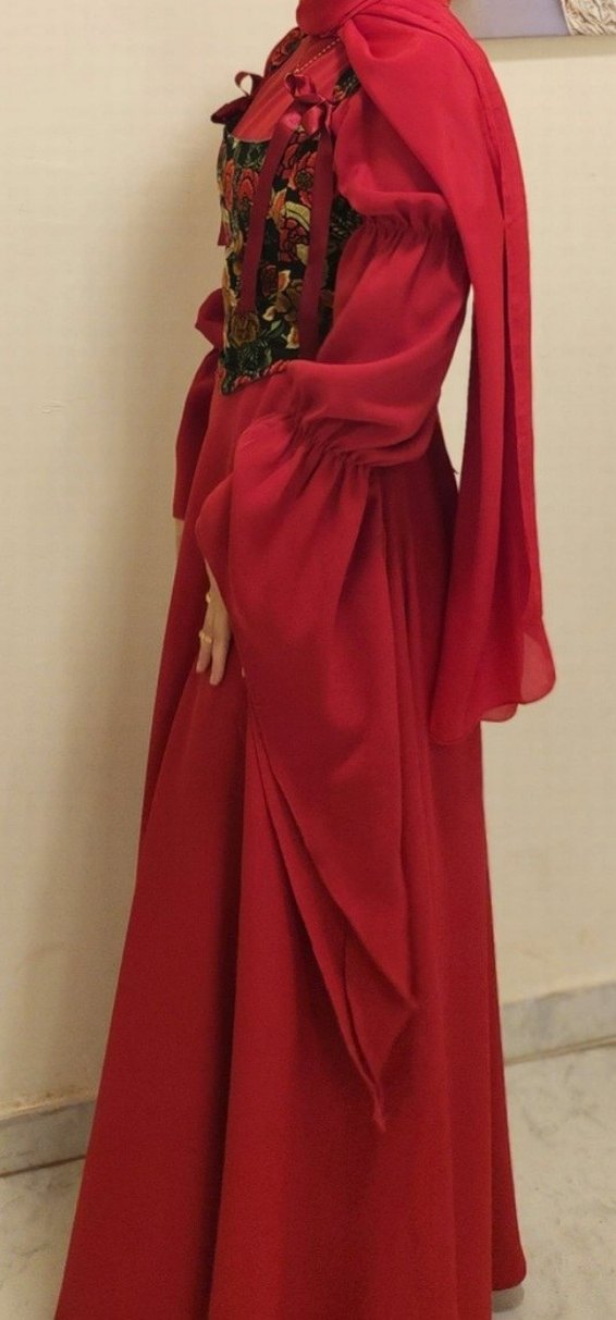 Kırmızı Uzun Kollu Straplez Bohem Kadın Elbisesi - Görsel 3