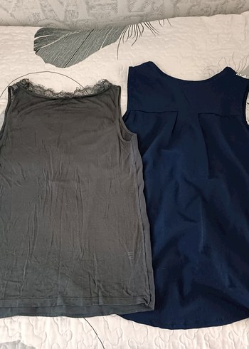 l Beden Parlak Mavi Düğmeli Kolsuz Bluz 2li