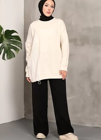 Diğer Ekru Selanik Örgülü Fermuarlı Üç İplik Şardonlu Sweatshirt
