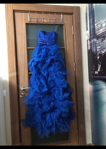 Uzun Kollu Straplez Mavi Fırfırlı Renk marka Abiye Elbise - Görsel 2