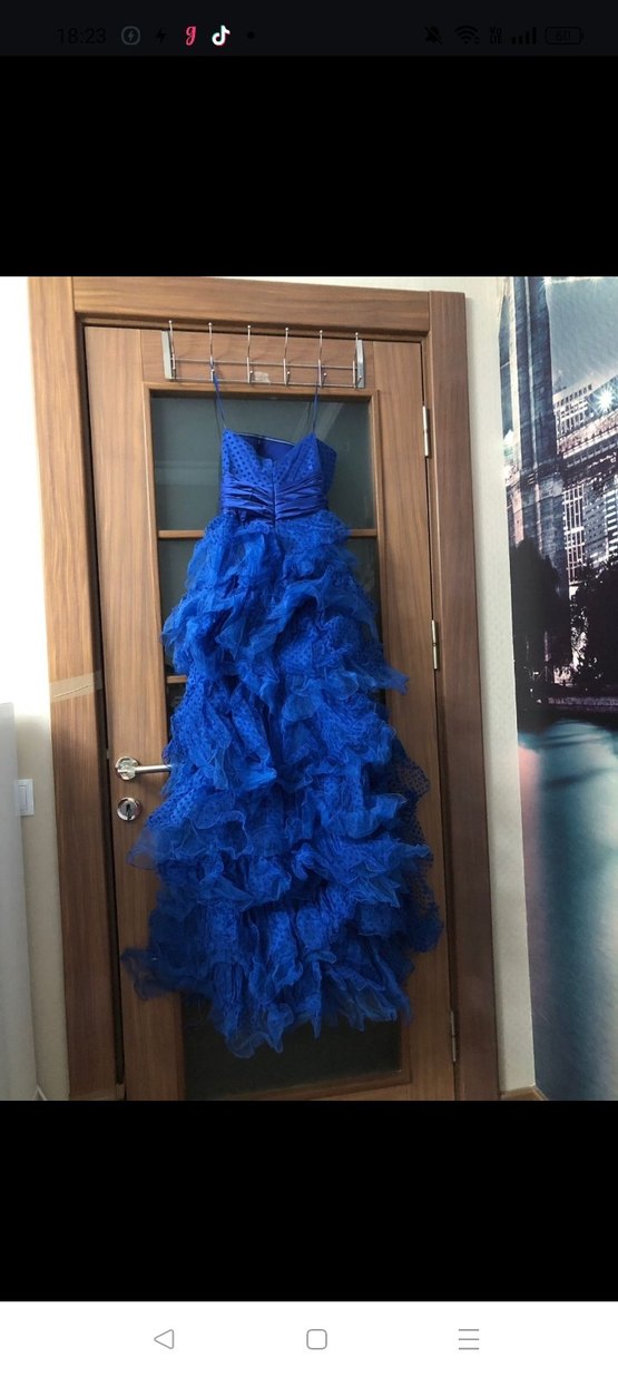 Uzun Kollu Straplez Mavi Fırfırlı Renk marka Abiye Elbise - Görsel 2