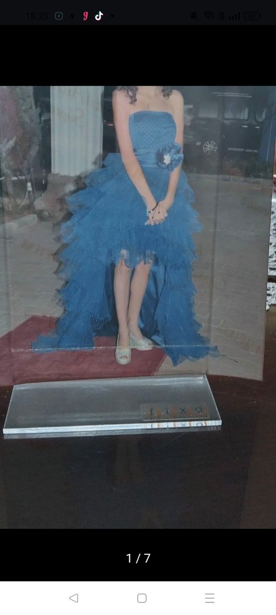 Uzun Kollu Straplez Mavi Fırfırlı Renk marka Abiye Elbise - Görsel 5