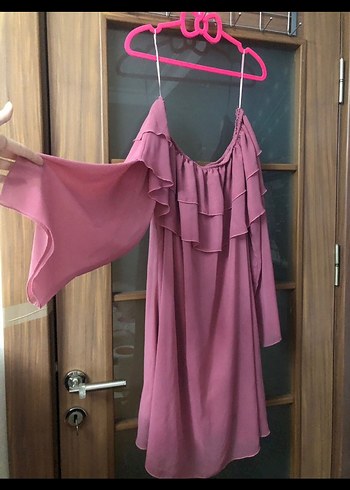 Pembe Straplez Uzun Volanlı Bohem Elbise - Görsel 3