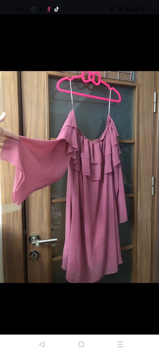 Pembe Straplez Uzun Volanlı Bohem Elbise - Görsel 3