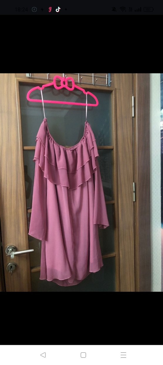 Pembe Straplez Uzun Volanlı Bohem Elbise - Görsel 2