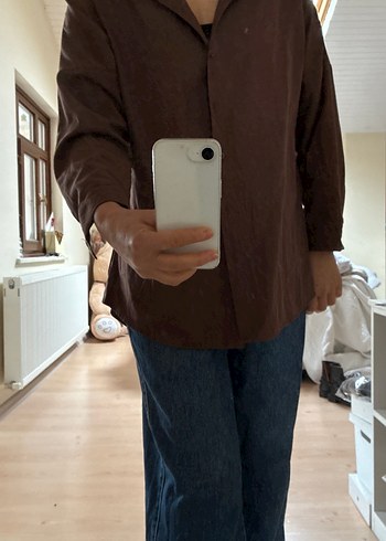 Düğmeli Kahverengi Keten Kadın Gömlek - Görsel 4