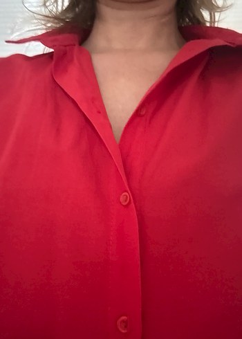Düğmeli Kırmızı Keten Gömlek - Görsel 5