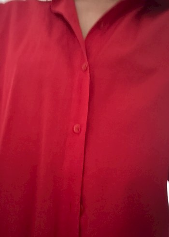 Düğmeli Kırmızı Keten Gömlek - Görsel 4