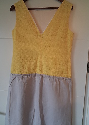 Sarı Gri Kemerli Midi Kolsuz Elbise - Görsel 2