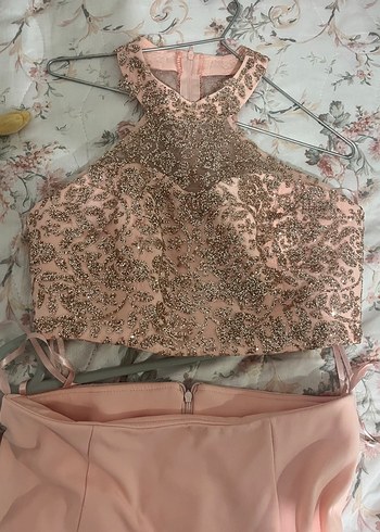 Nakışlı Pudra Uzun Abiye Elbise - Görsel 3