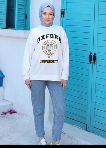 Oxford Baskılı Beyaz Kadın Sweatshirt
