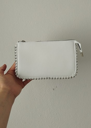 Kadın Beyaz Deri Fermuarlı Clutch Çanta