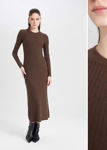 Defacto Kahverengi Uzun Kollu Fitilli Kadın Elbise - Görsel 2