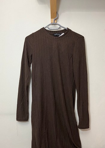 Defacto Kahverengi Uzun Kollu Fitilli Kadın Elbise - Görsel 4