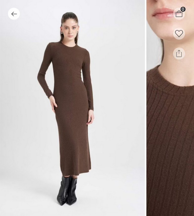 Defacto Kahverengi Uzun Kollu Fitilli Kadın Elbise - Görsel 2