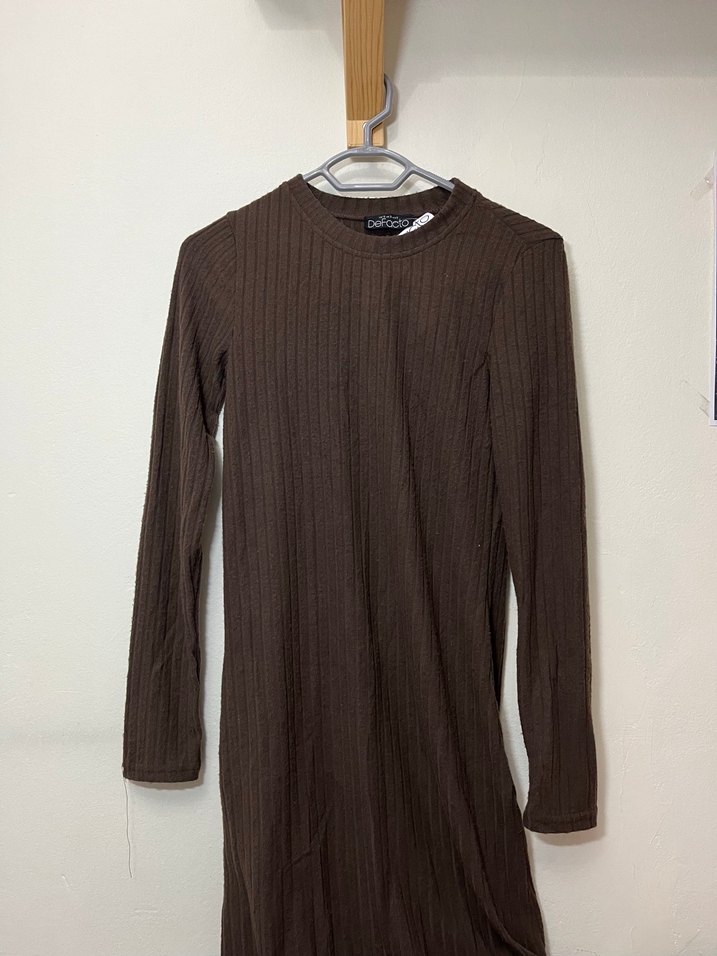 Defacto Kahverengi Uzun Kollu Fitilli Kadın Elbise - Görsel 4