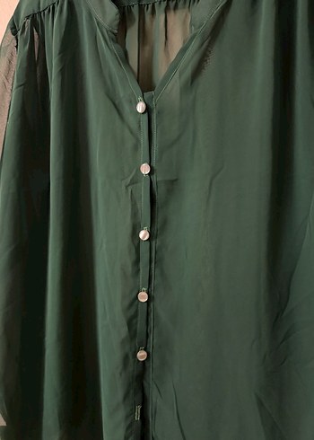 Transparan Düğmeli Yeşil V Yaka Kadın Gömlek - Görsel 3