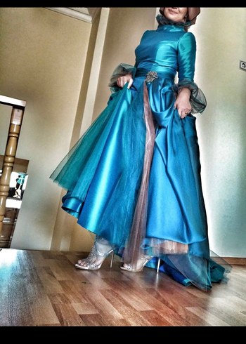 Abiye Uzun Parlak Turkuaz Straplez Gotik Kadın Elbise