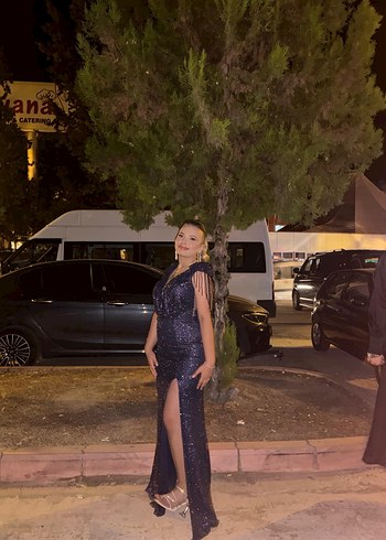 Taşlı Lacivert V Yaka Uzun yırtmaçlı Abiye Elbise - Görsel 5