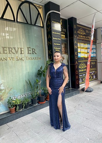 Taşlı Lacivert V Yaka Uzun yırtmaçlı Abiye Elbise - Görsel 2