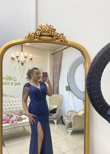 Taşlı Lacivert V Yaka Uzun yırtmaçlı Abiye Elbise - Görsel 4