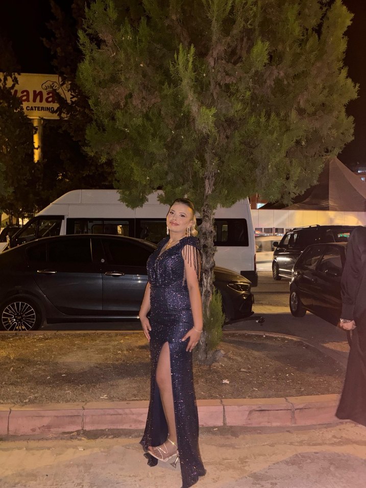 Taşlı Lacivert V Yaka Uzun yırtmaçlı Abiye Elbise - Görsel 5