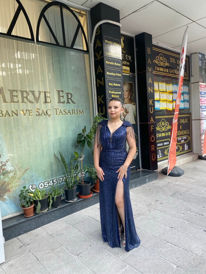 Taşlı Lacivert V Yaka Uzun yırtmaçlı Abiye Elbise - Görsel 2